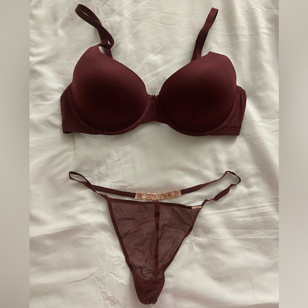Savage x Fenty Maroon Balconette Bra and Rhinestone Logo Panties 36C LARGE *NEW*